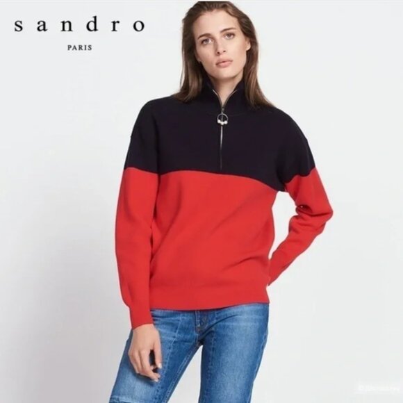 Sandro Paris Vega Colorblock Quarter Zip Sweater S - Picture 2 of 12